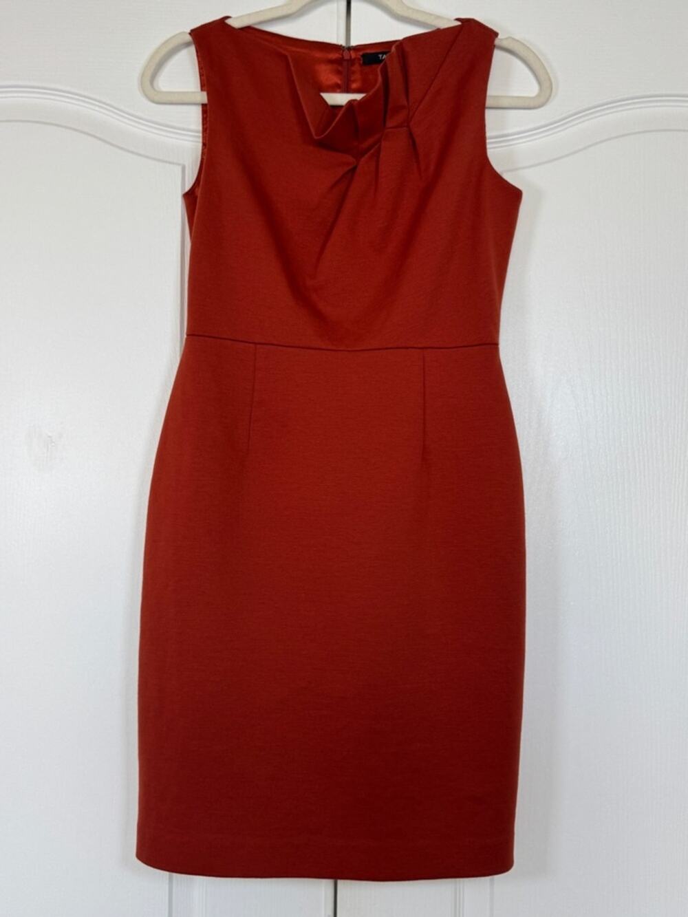 Tahari Rust Orange Asymmetrical Pleat Sheath Dress Size 2